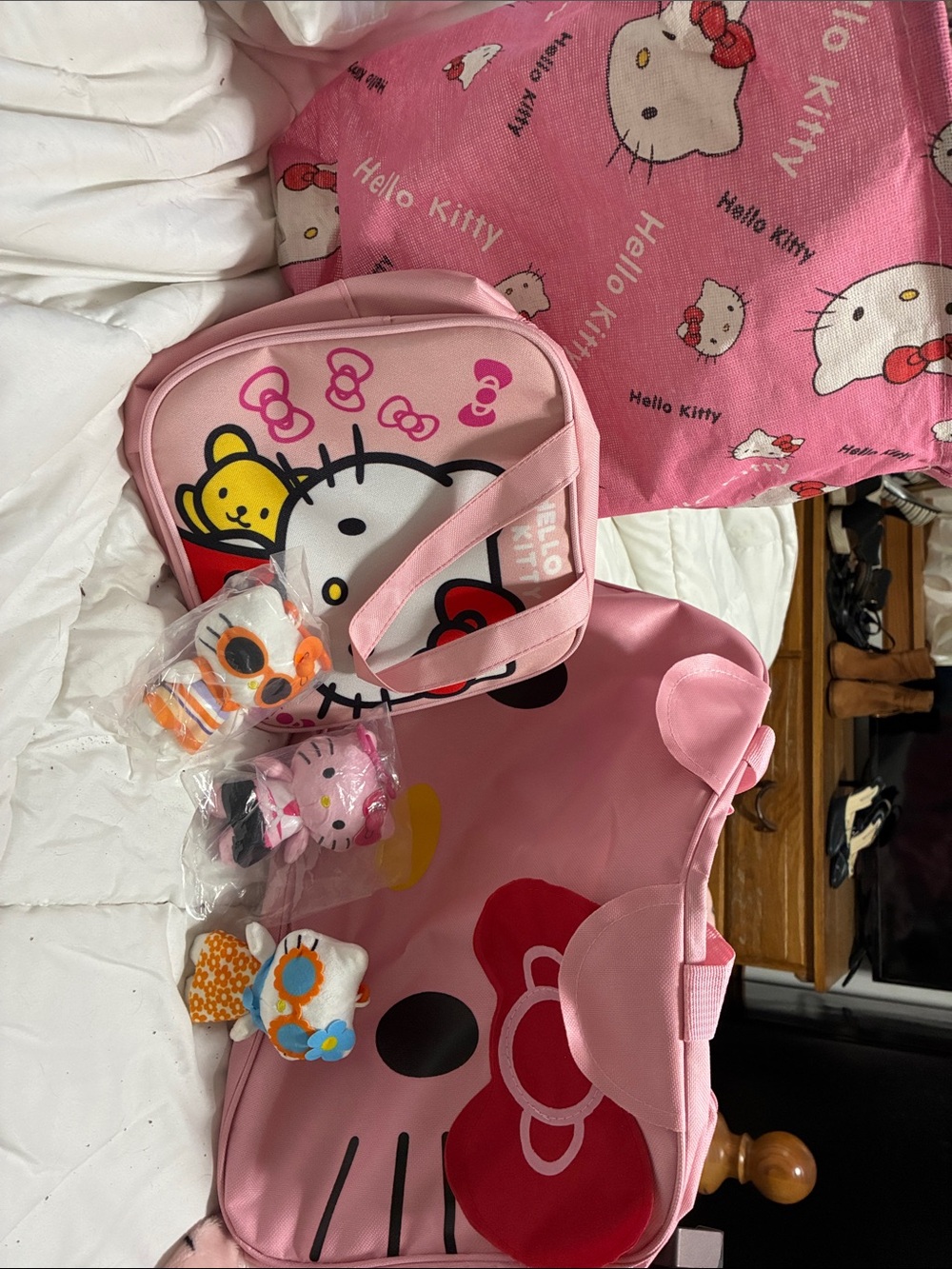 Hello Kitty Pink Kids Tote and Shoulder Bag Set with Red Bow Accents